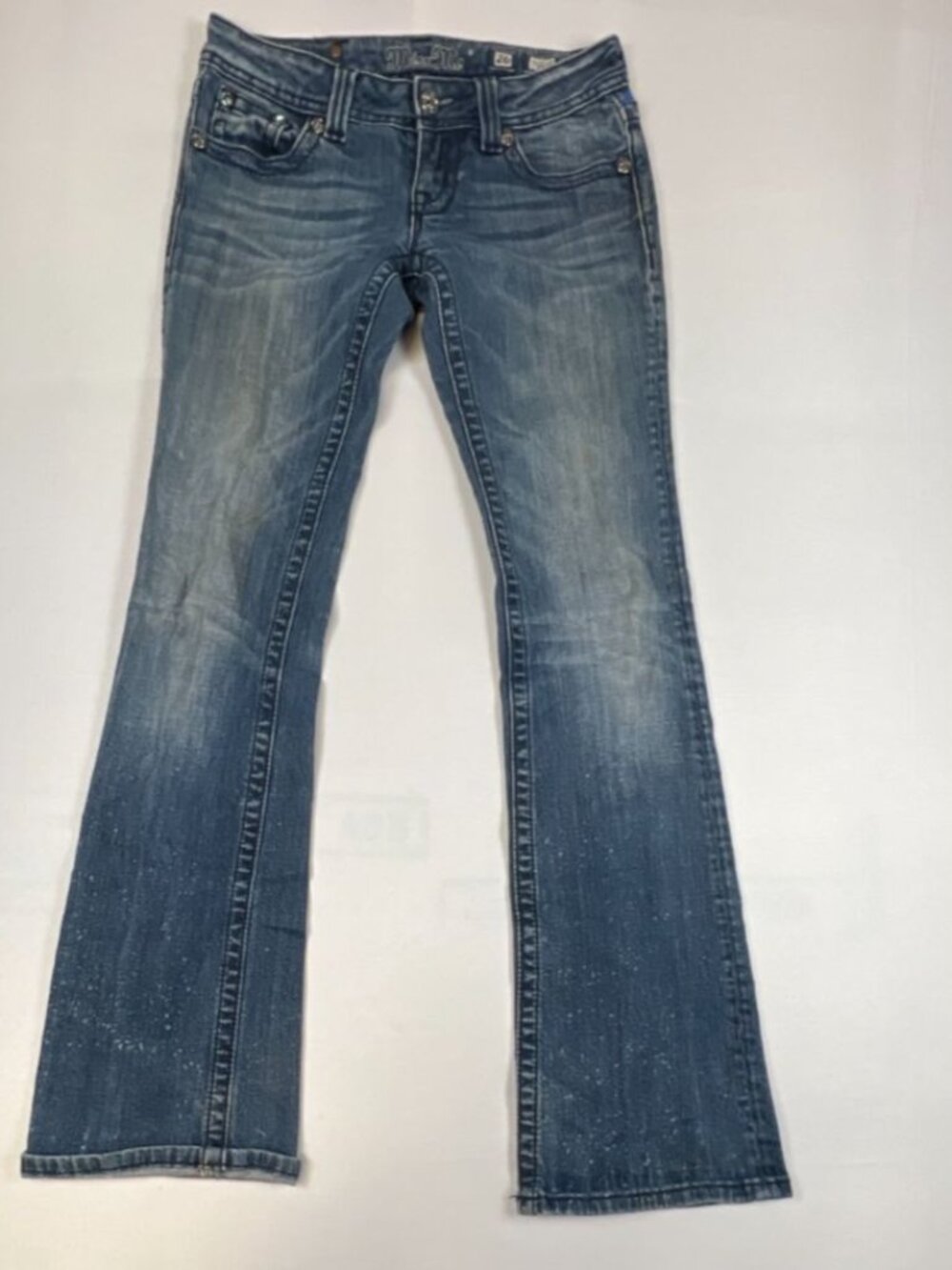 Miss Me Women's 26 Bootcut Jeans Blue Distressed Embellished Pockets Stretch 31"